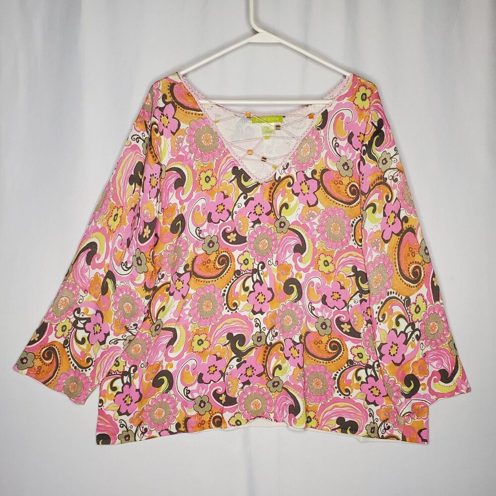 Sigrid Olsen Sweater 3X Paisley Floral Caged‎ V-Neck Multicolor Knit 3/4 Beaded